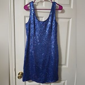 Vintage 90s Papell Boutique Evening Blue Sequined Silk Cocktail Mini Dress, EUC!